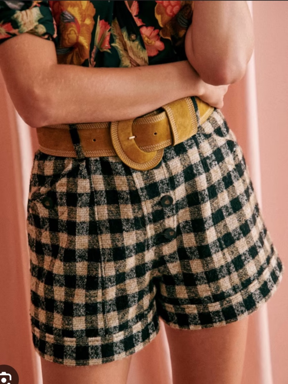 Sezane Checked High-Waist Marco Shorts in Black & White